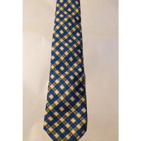 Piaget Silk Vintage 100% Silk Blue Gold Geometric Design Neck Tie - Picture 11 of 16